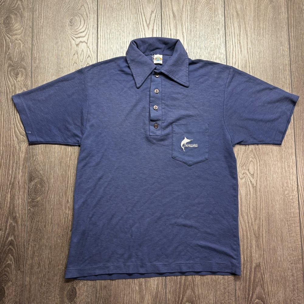 Vintage Crazy Shirts Hawaii Marlin Polo Shirt Mens Medium Blue Short Sleeve 70s